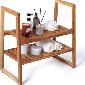 Wooden <b>Bathroom</b> <b>Stool</b> With Armrests 2 Tier Solid Wood Minimalist Design For Home Use - Product Image 1