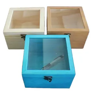กล่องเก็บไม้ที่มีสีสันพร้อมฝาแก้วบานพับ