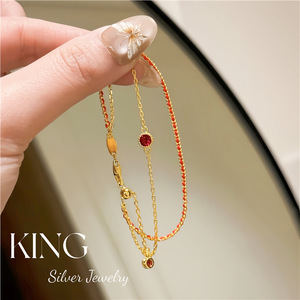 Pulsera de Hilo Rojo King Silver Jewelry, Plata de Ley S925, Chapada en Oro, Doble Capa Trenzada, Estilo Retro, Unisex, para Uso Diario - Product Image 1