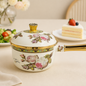 <span class=keywords><strong>Cocotte</strong></span> <span class=keywords><strong>en</strong></span> émail antiadhésive de luxe à motif <span class=keywords><strong>vintage</strong></span> avec bordure dorée et poignée unique, résistante à la chaleur, pour la cuisson - Product Image 4