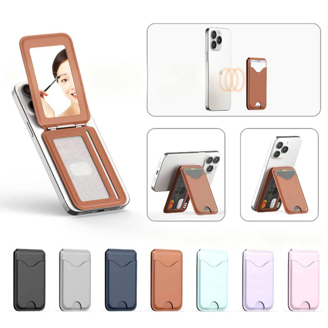 Vegan Leather Phone Wallet with Kickstand Built-In Mirror Card Holder Magnetic Back for Cell Phone