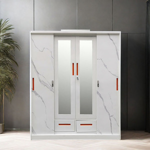 Armoire en acier moderne à 4 portes avec éclairage LED, grande armoire en acier avec 2 tiroirs et <span class=keywords><strong>porte</strong></span> en verre pour chambre à coucher - Product Image 1