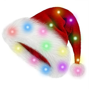 หมวกคริสต์มาสมีไฟ LED สีแดง หมวกซานต้าขนปุย หมวกปาร์ตี้เทศกาลแบบกำหนดเองได้ - Product Image 1