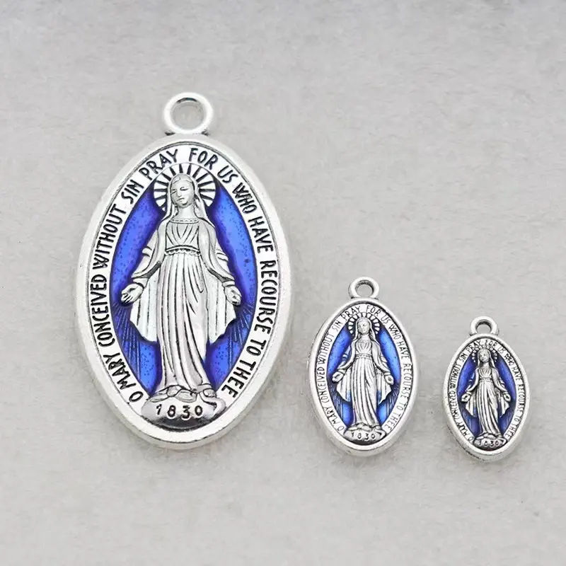 Medali Perawan Maria perak biru medali ajaib keagamaan Katolik 48*27mm 24*13mm 20*11mm liontin Aloi