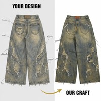 Jeans baggy déchirés brodés sur mesure pour hommes, patchs, style streetwear, denim vintage de haute qualité, fabricant OEM