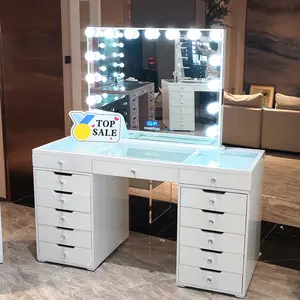 Estoque nos EUA! Docareife Alta Brilhante Branco Madeira Moderno Painel MDF Glass Top Dressing Table Maquiagem Vanity Quarto Dressers