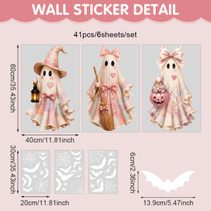 Venta al por Mayor de Adhesivos Decorativos para Ventanas de Halloween con Lindos Fantasmas Rosados, Telarañas y Murciélagos, Adhesivos Estáticos Reutilizables para Vidrio, Decoración de Halloween - Product Image 5