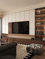 Meuble TV moderne sur mesure, console TV en bois blanc et noyer avec rangement intégré et éclairage LED