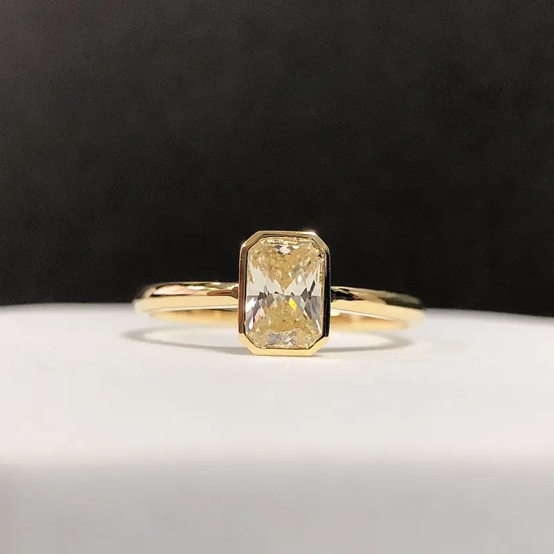 Fancy Yellow 1CT Radiant Bezel Set 14K Yellow Gold Moissanite Diamond Engagement Ring