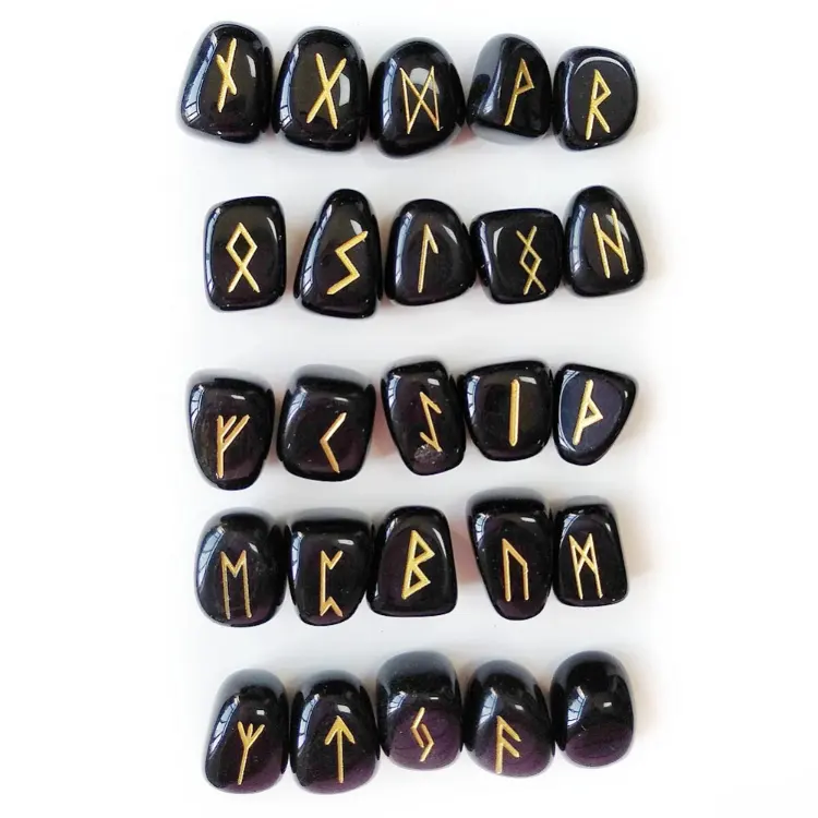 Wiccan malzemeleri kazınmış yazı taş zanaat doğal eskitme siyah obsidyen kuvars Rune taşları seti