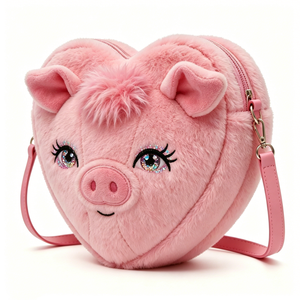 Customized <b>Pink</b> Plush Pig Heart Crossbody Bag,Fuzzy <b>Purse</b> with Embroidered Pig Face, Adjustable Strap and Heart Shape - Product Image 3