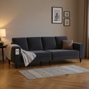 Set Divano in Velluto Grigio Scuro, Moderno per Soggiorno, Imbottito in Schiuma, Braccioli Quadrati, Gambe in Legno, Stile Schienale Morbido - Product Image 2