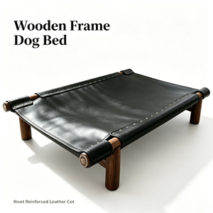 Wooden Elevatedleather Surface Sturdy Rivet Reinforced Pet Waterproof Scratch-Resistant Raised Lounger <b>Medium</b> Large <b>Dog</b> <b>Bed</b> - Product Image 1