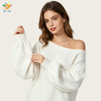 AJB Pull en laine tricoté sur mesure pour femme, décontracté, oversize, col asymétrique, manches lanternes, vente en gros