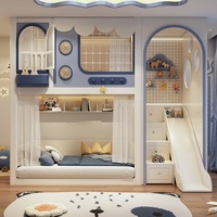 Lit mezzanine multifonctionnel JS moderne en bois massif, confortable et écologique pour enfants, avec bureau, toboggan, rangement gain de place et escalier-armoire