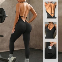 Combinaison de yoga une pièce pour femme, couleur unie, extensible dans les quatre sens, avec dos découpé et col halter, sans coutures, pour l'entraînement