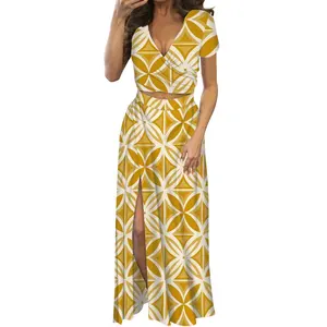 yellow tapa print v-neck crop top and sexy elegant slit long skirt short sleeve polynesian casual dress sets for evening gown