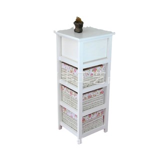 Gabinete de Almacenamiento de Madera y Ratán Blanco con 3 Compartimentos, Gabinete para Dormitorio o Sala de Estar con Cestas de Tela, Unidad de Almacenamiento con Cajones - Product Image 5