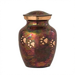 Urne funéraire artisanale en métal pour animaux de compagnie avec empreintes de pattes, finition Aurore Boréale, forme ronde, pour hommage. - Product Image 6