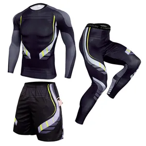 customized swimwear long sleeve Three piece set sports leggings with pockets men compression pocket shorts upf 50 rash guard