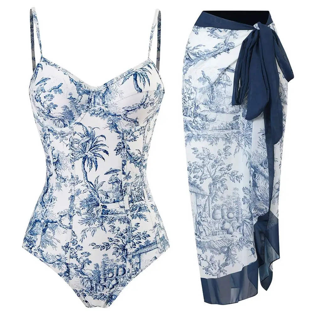 Pakaian mandi wanita, pakaian berenang satu potong motif bunga dengan rok