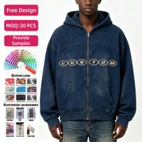Sudadera con capucha para hombre de peso pesado, personalizada, 320 g/m², 100% algodón, con cremallera, efecto desgastado, estampado serigrafiado, corte regular