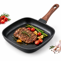 Poêle carrée antiadhésive de 24 cm avec poignée style bois, plaque de cuisson à fond plat pour steak, légumes et cuisine quotidienne