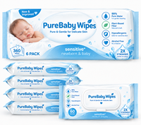 60, 80, 120 lingettes jetables par paquet pour bébé, à l'eau pure, sans parfum, douces, fournisseur en gros, OEM personnalisé