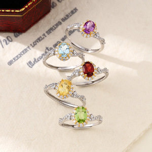 Anillos Ajustables de Plata 925 con Baño de Oro de Dos Tonos, Diseño Trenzado, con Halo de Piedra Natural Ovalada de 5*7mm, Joyería para Mujer - Product Image 2