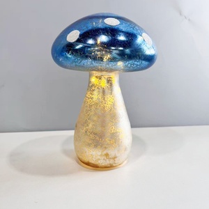 Navy Blue & Golden Speckled with White Dots Hand Blown Glass Mushroom Ornament with LED for Holidays