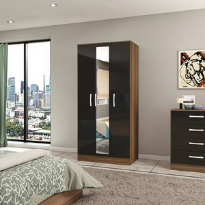 Modern Wooden 3-Door Wardrobe with Mirror - High-<strong>Gloss</strong>, Walnut and <strong>Black</strong> <strong>Bedroom</strong> Storage <strong>Furniture</strong> - Product Image 2