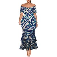 Gaun Batik Polyester Wanita Lengan Pendek Off-Shoulder Panjang Lantai Siluet Duyung Dua Lapis Model Fishtail Harga Grosir