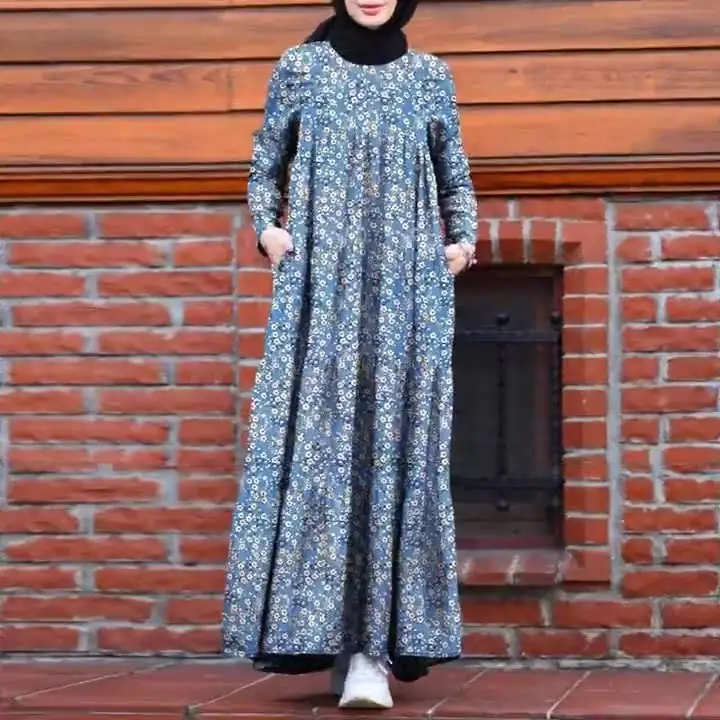 दुबई फैशन मैक्सी ड्रेस देवियों मुस्लिम फैंसी विंटेज मुस्लिम मुद्रित पुष्प पोशाक महिलाओं के वसंत Sundress