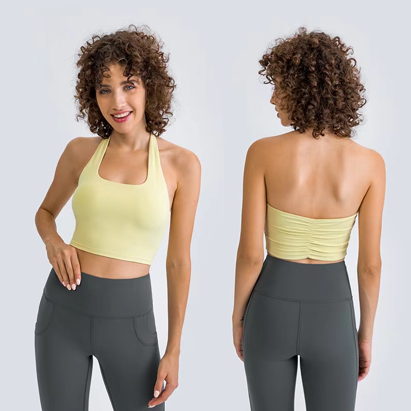 Wholesale Factory Custom Halter Neck Yoga Crop Top Women Ruched Back Workout Sports Bra With Removable Pads