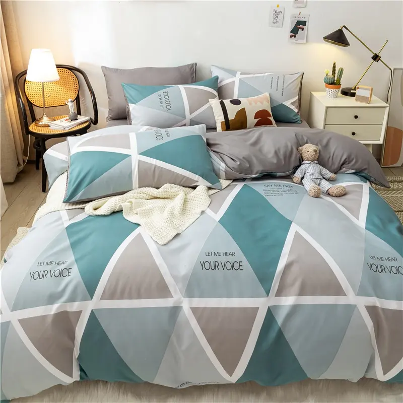 Factory Sale Geometric Grid Pattern Printing Bedding Bed Sheet 100% Cotton 4 Piece Sets Custom Hotel Bedsheet Set Duvet Cover