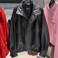 Blouson moto oversize en cuir véritable grainé pour femme, en peau de mouton véritable, court, pour l'automne