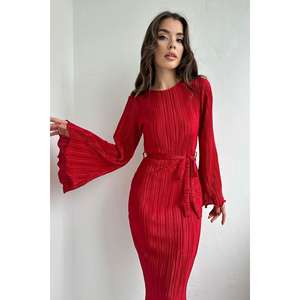 Vestido de Fiesta Largo Rojo para Mujer al por Mayor con Mangas Estilo Español, Cuello Alto, Plisado, Corte A y Cintura Imperio, Hasta el Suelo - Product Image 3