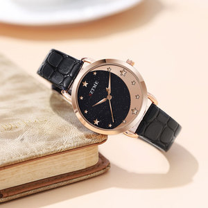 Montre pour femme en or rose, cadran ciel étoilé, bracelet en cuir gaufré croco bordeaux, montre-bracelet à quartz tendance - Product Image 2