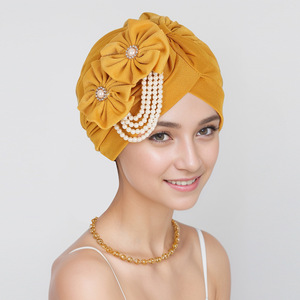 HZM-24299 nouvelles musulman fleur tête casquette Logo personnalisé bandeau femmes élastique perle turban chapeaux - Product Image 4