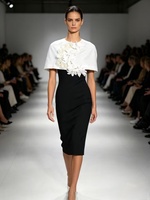 A12523 Robe de soirée asymétrique sans manches, longueur genou, en laine florale et unie
