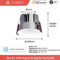 Plafonnier pour maison intelligente compatible Apple HomeKit, 12W, spectre complet CCT, spot encastré, downlight LED intelligent Matter