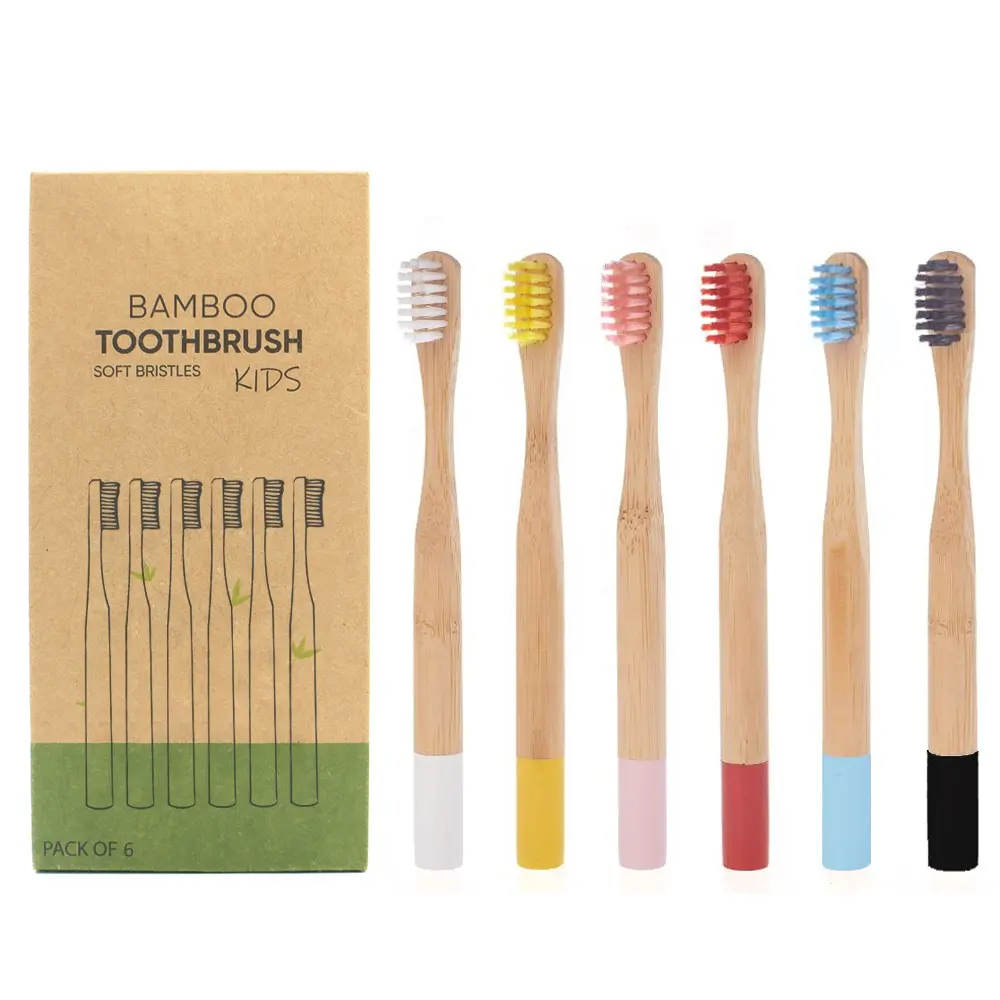 Brosse à dents écologique en bambou pour enfants, poignée ronde à poils doux avec Logo personnalisé, vente en gros