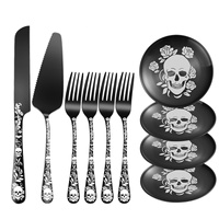 Ensemble d'ustensiles de service en acier inoxydable à motif crâne pour fêtes d'anniversaire et mariages : assiette, fourchette à dessert, couteau à gâteau et spatule
