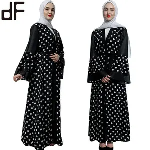 伊斯兰女性服装kaftans jilbab穆斯林巴亚开放式黑色圆点印花祈祷连衣裙一件火鸡时尚连衣裙