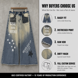 Maßgeschneiderte Mud Wash 14oz Wide-Leg Flared Jeans mit Raw Frayed Saum, Sternenprint und Kontrasttaschen – Streetwear OEM ODM - Product Image 4