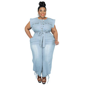 Combinaison en jean bleu sans manches pour femme, salopette une pièce en jean bleu, grande taille, vêtement d'été, - Product Image 4