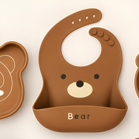 Ensemble d'alimentation pour bébé en silicone Ours brun, thème animal, assiette, bol, tasse, cuillère, fourchette, anneau de dentition pour les repas