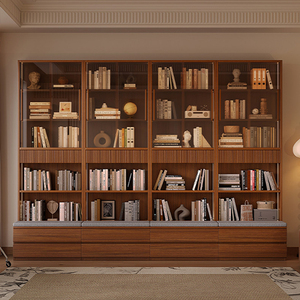 NKAHS Modern <b>Walnut</b> <b>Bookcase</b> With Glass Doors And Storage Bench Five Tier Living Room Cabinet Multifunctional Design - Product Image 3