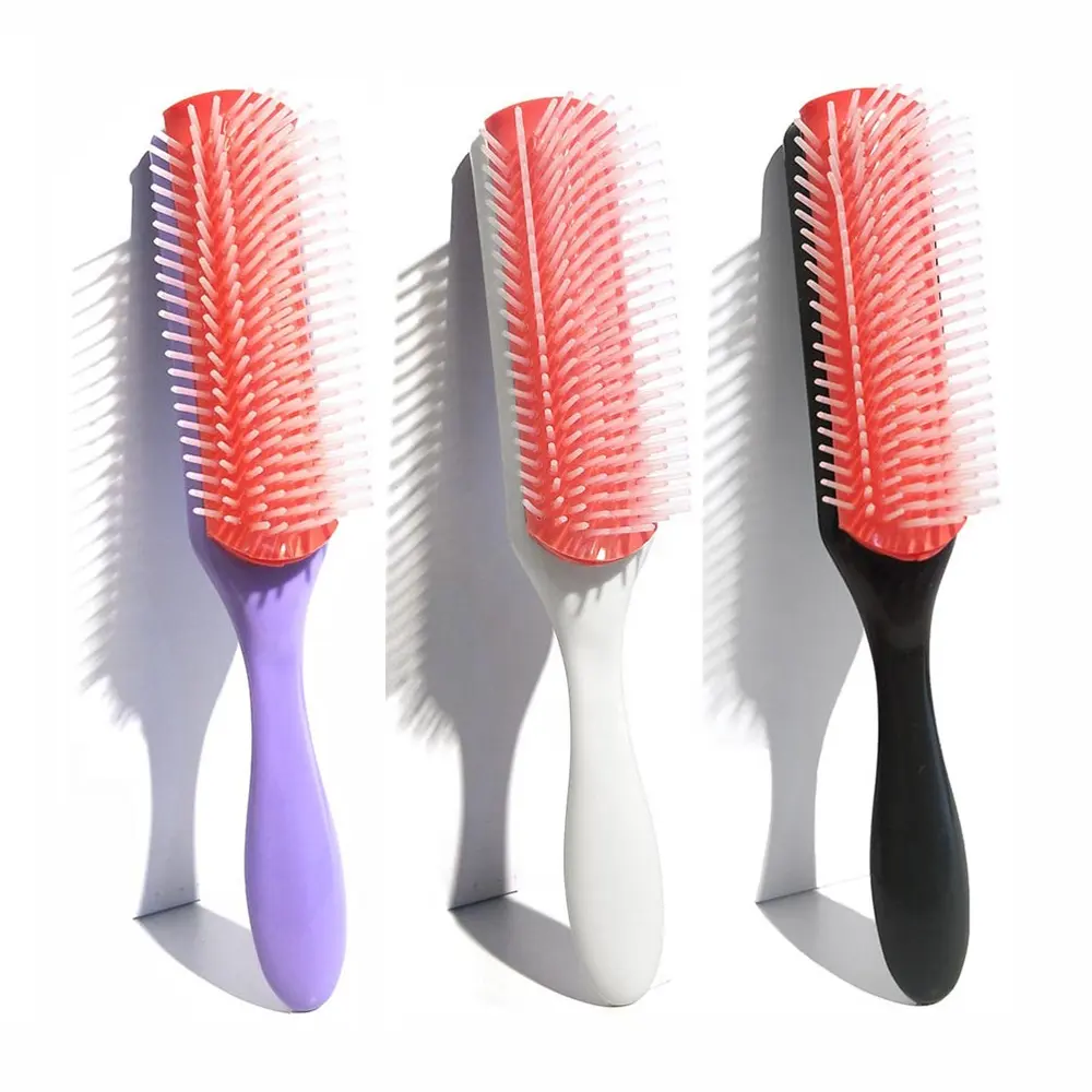 custom natural hard plastic 9 row bristle denman cushion hair brush comb for detangling curly hair packaging