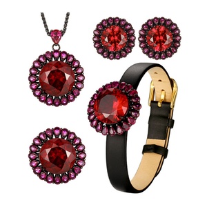 High Quality Eco-friendly Copper Women's Leather <b>Bracelet</b> <b>Set</b> 16-10mm Red Cubic Zirconia Stylish Daily Wear Jewelry <b>Set</b> - Product Image 1